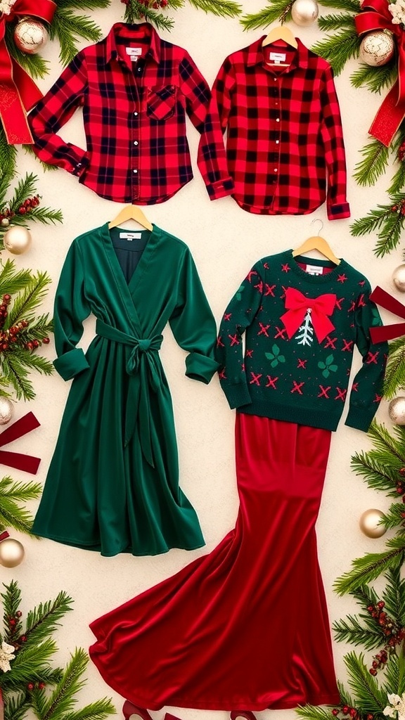 Stylish Christmas Outfits for the Holiday Season Stylish Christmas outfits including a plaid shirt, wrap dress, Christmas sweater, and velvet gown on a festive background.